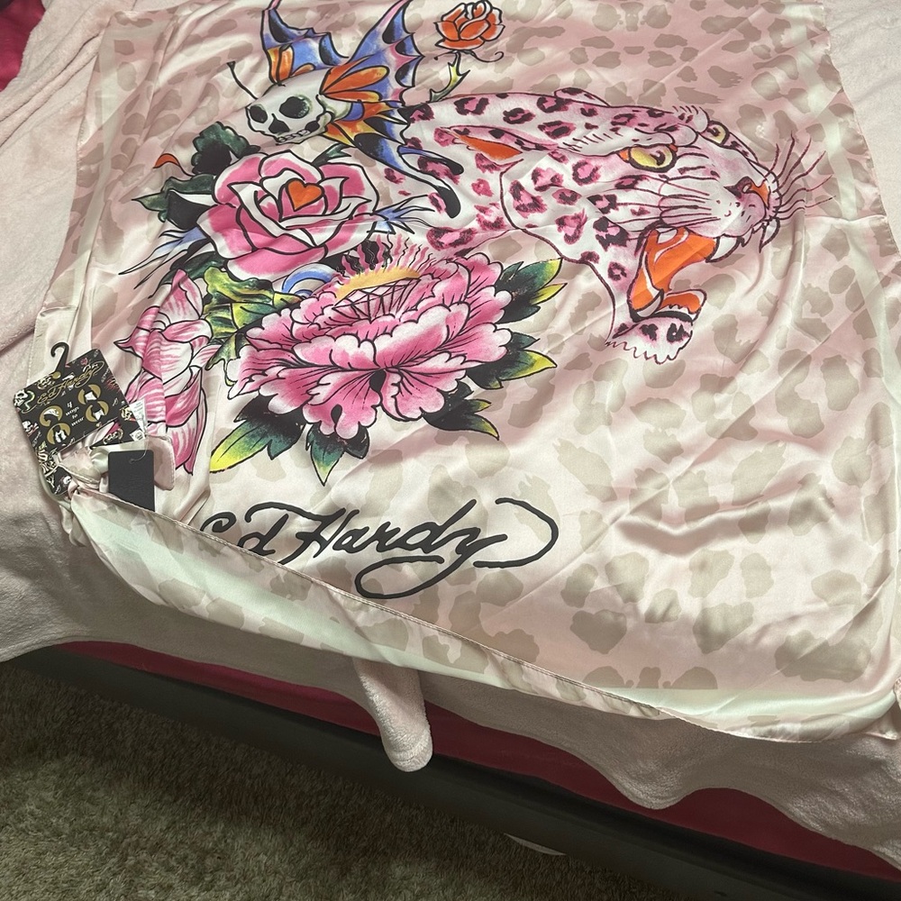 Ed Hardy Pink Floral & Tattoo Print Silk Scarf